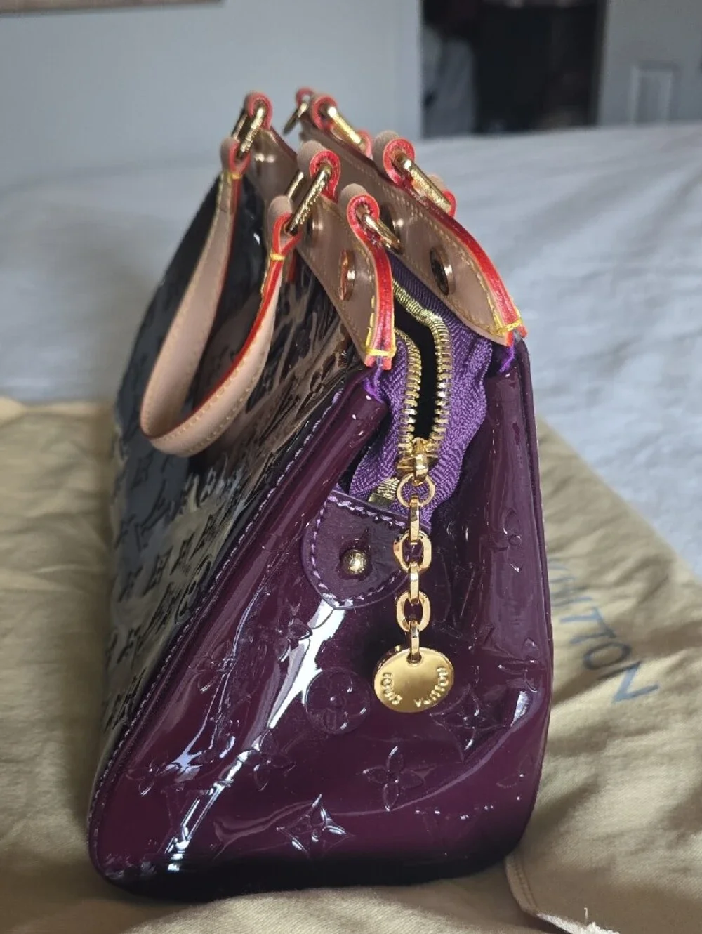 FAUX Louis Vuitton Plum Vernis Leather Satchel with Natural Trim NEVER USED